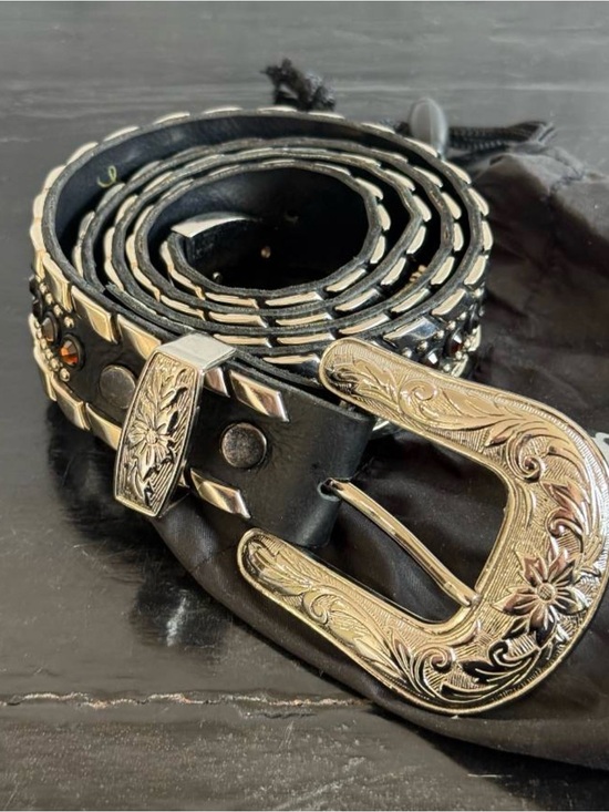 Vtg Kippy’s Size 36 Black Leather Western Belt Amber Swarovski Crystal Studded main image 5